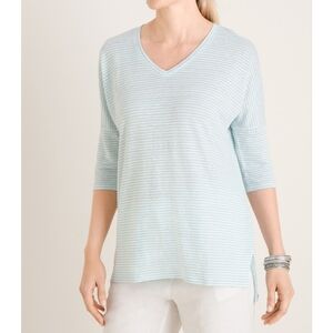 CHICO'S Linen Drop Shoulder 3/4 Sleeve‎ Classic Micro Stripe Top 2 / L
